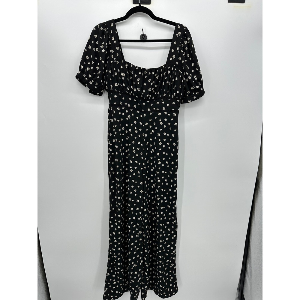 Lulus Black Floral Milkmaid Jumpsuit Sz M Puff Sleeve Wide Leg Square Neck